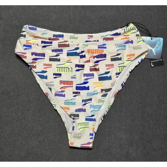 Puma‎ All Over Logos Women's Low-Rise Bikini Bottoms Size Stretchy Large NWT - Picture 1 of 8